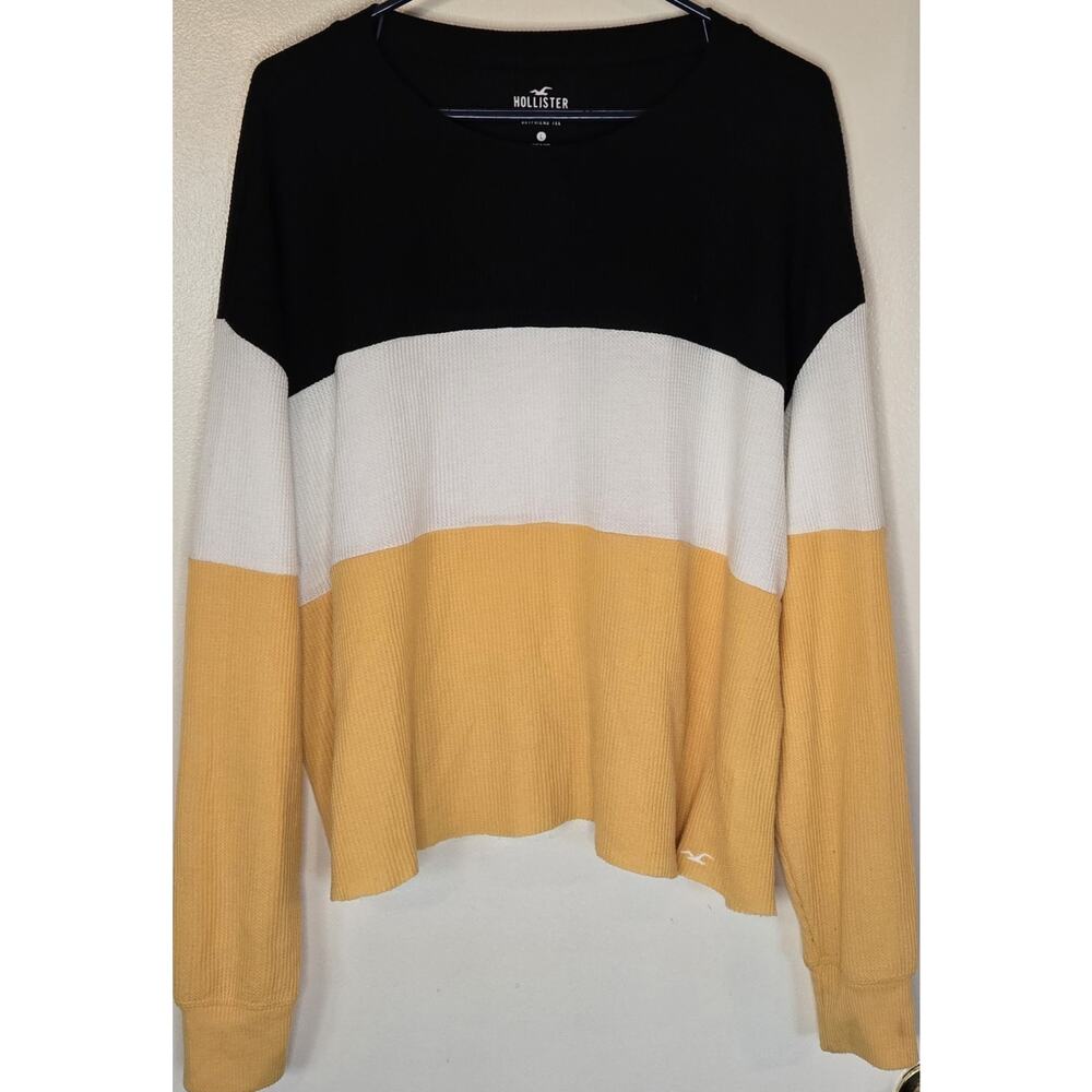 Hollister Long Sleeve Boyfriend Tee Cropped Waffle Knit Color Block Shirt Size L